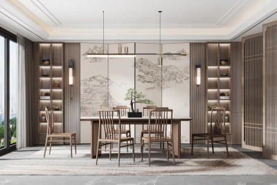 新中式家居餐厅3D模型下载